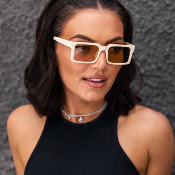 Beige Tan Trendy Classic Rectangle Designer Luxury Fashion Womens Sunglasses - Picture 5 of 5